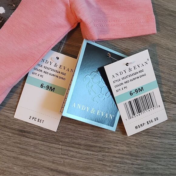 Andy & Evan New With Tags 6-9 Month Gone Surfing T-Rex Crewneck Tee & Shorts Set - Picture 11 of 12